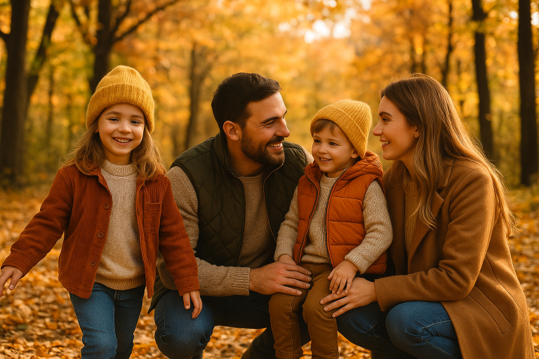 Family enjoying an easy fall scavenger hunt