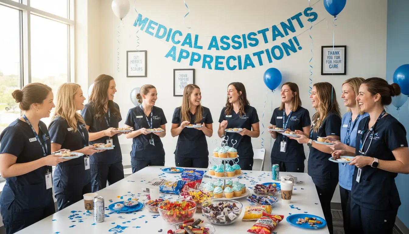 A group of medical assistants enjoying appreciation week snacks in the breakroom