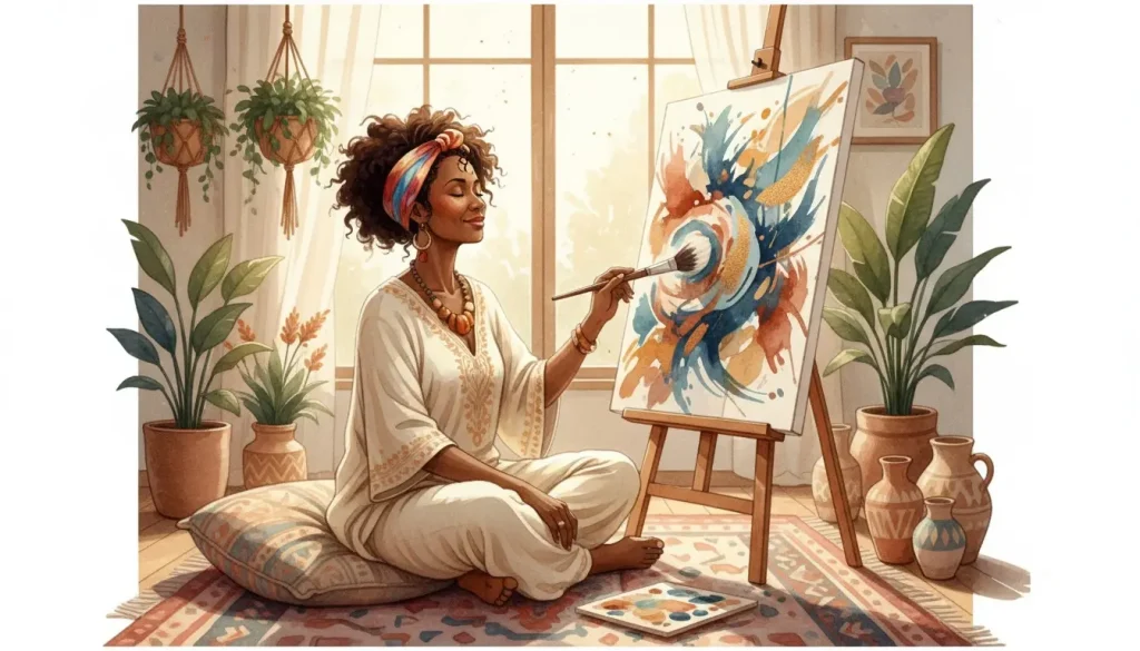 Woman sitting enjoying creative play painting on a canvas