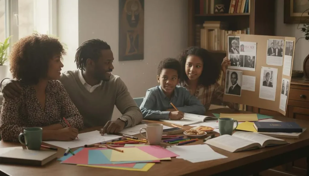 an african american family gathered playing black history month games