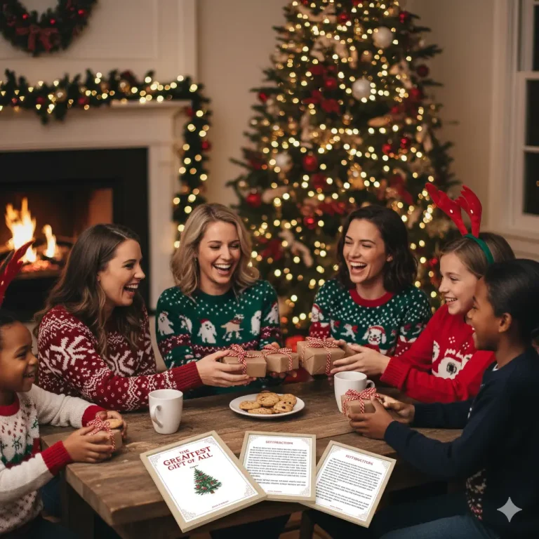 Family and friends gathered to play Christmas left right across game