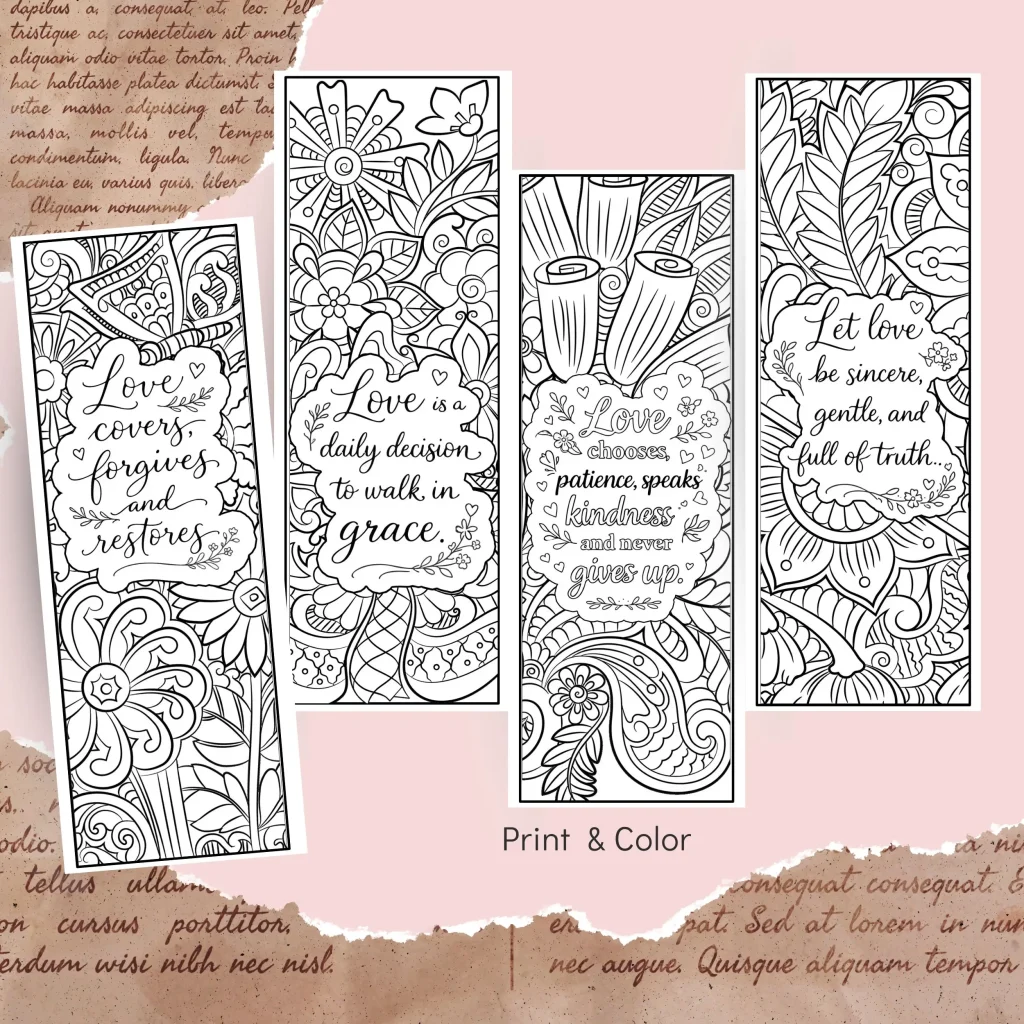 Printable love theme faith inspired colorable bookmarks
