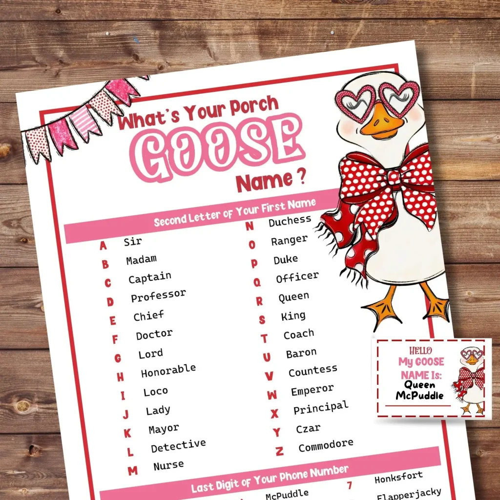Print and Play Summer Icebreaker -What's Your Porch Goose Name Game for Adults and Kids